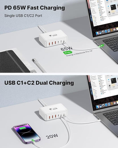 Aiminu 100W USB C Charging Station, 6-Port PD 65W Max Fast Charger, GaN Desktop Charger with 3 USB-C (65W/20W) & 3 USB-A (15W), for MacBook, Dell, iPad, iPhone 17/16/15, Galaxy S25/S24, Pixel 10/9