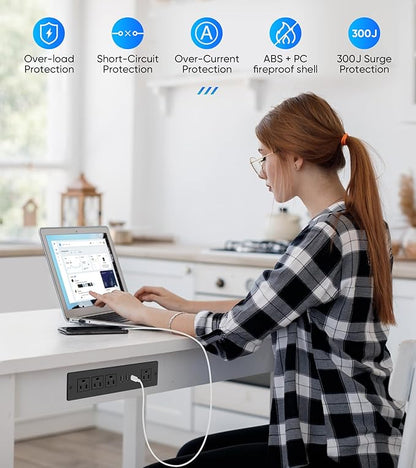 VILONG Flat Plug Recessed Power Strip with PD 20W USB-C, Flush Mounted Drawer Outlet, 4 AC Outlets & 3 USB Ports, Conference Desktop Built in Power Strip, 10FT Extension Cord(Black)