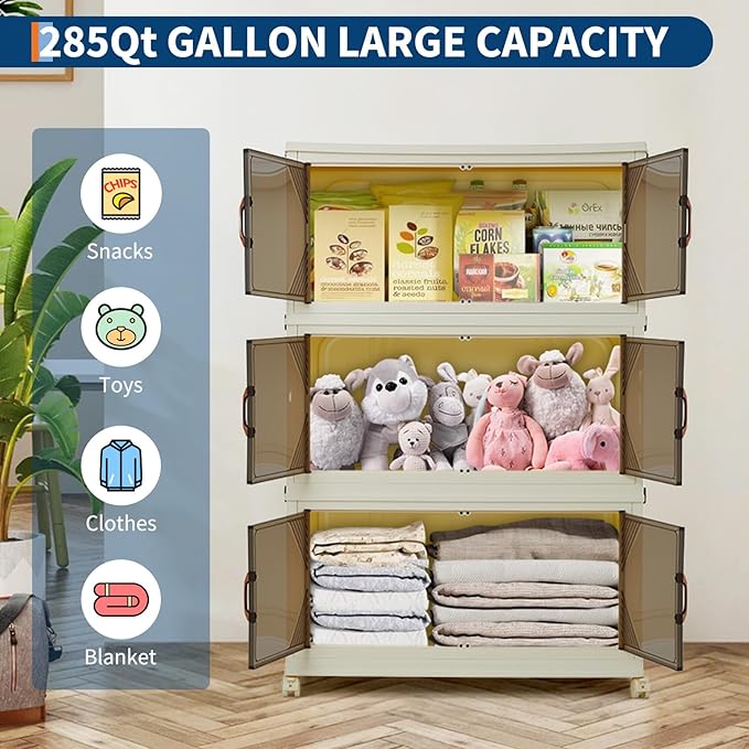 Garvee 285QT Stackable Storage Bins, Plastic Bins for Storage with Lids, Plastic Storages Drawers with Magnetic Doors & Wheels, Foldable Collapsible Closet Organizers for Home, Dorm, Office, White