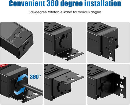 HHSOET 2 Pack Rotating Mountable Power Strip, 12 Outlet Wall Mount Surge Protector, Metal Heavy Duty and Versatile Outlet Strip, Stylish Appearance, Sturdy and Durable, 6ft Power Cord.(Black)