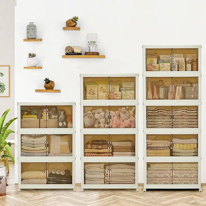 Garvee 380QT Stackable Storage Bins, Plastic Bins for Storage with Lids, Plastic Storages Drawers with Magnetic Doors & Wheels, Foldable Collapsible Closet Organizers for Home, Dorm, Office, White