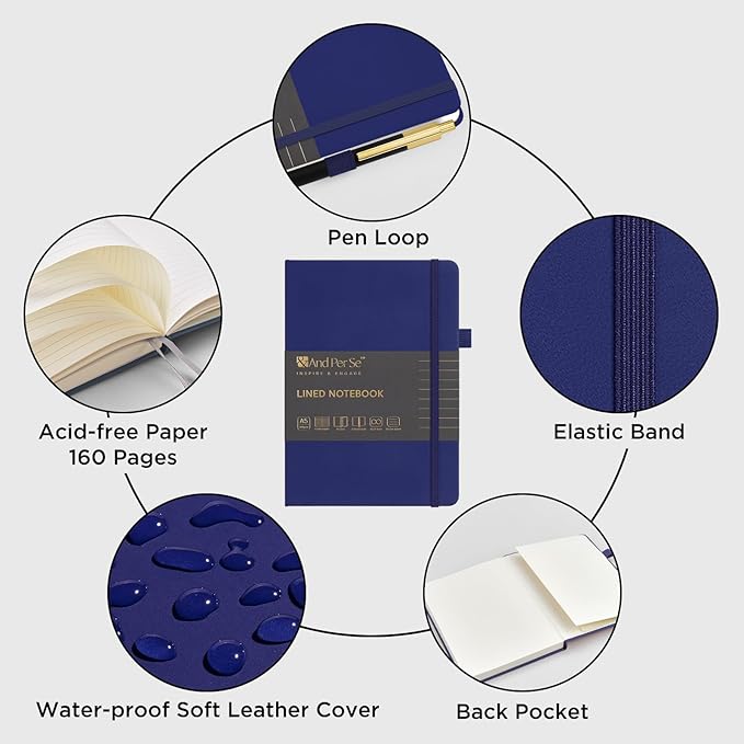 &And Per Se Lined Journal and Pen Set, A5 Leather Journal Stationery Set, 160 Pages 100GSM Thick Paper, Notebook Gift Set (Royal Blue)