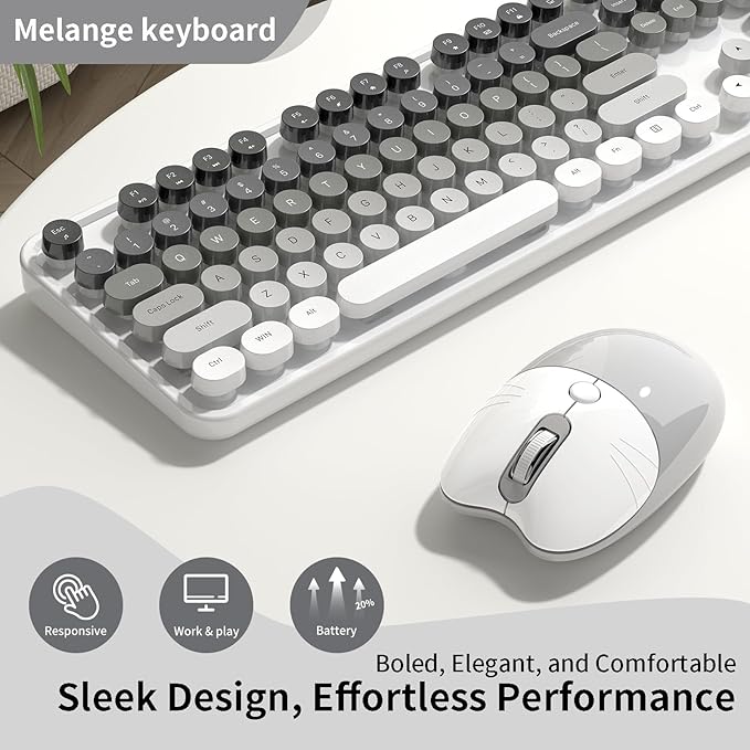 Creamy Wireless Keyboard and Mouse, MOFII 104 Round Keycaps Retro Typewriter with OTG & Brush, Full-Size Ergonomic, Ideal for Windows PC, Home, Office and College Gray White