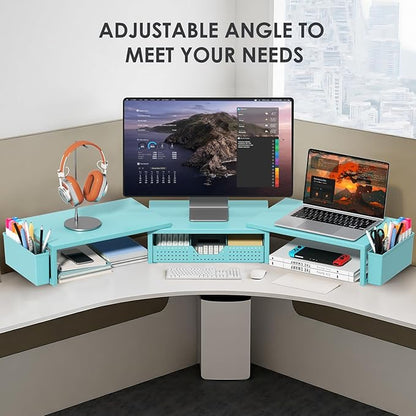 Desk Organizers and Accessories, Dual Monitor Stand Riser with Drawer and 2 Pen Holders, Desk Shelf Metal Computer Monitor Stand for Office Workspace Organizers, Desktop Organization (Blue)