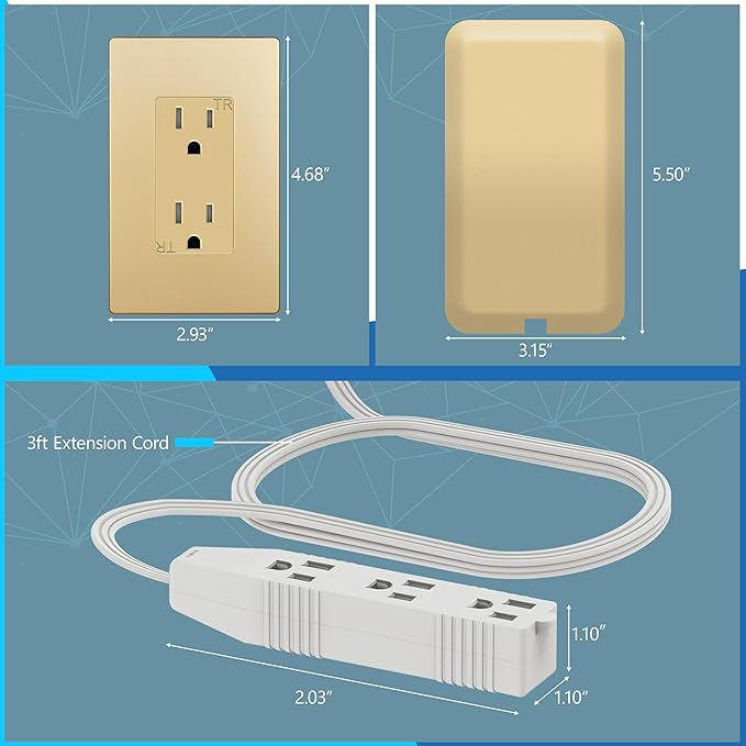 LIDER Flat-Face Outlet Extender with 3 Receptacles, Ultra-Thin Wall Plate Plug with Cord Extender and 3-Outlet Power Strip, 3ft Cord, LWE3-315-GD, ETL-Listed, Gold