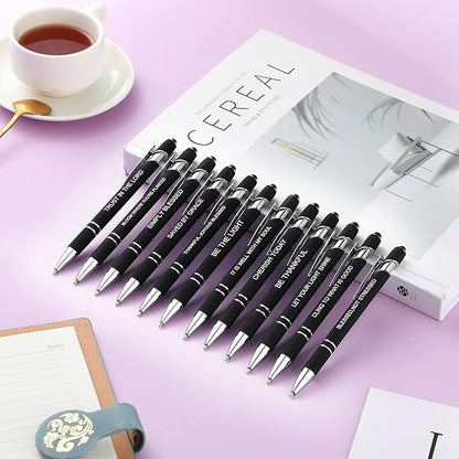 Zonon 12 Pcs Inspirational Pens Bulk Funny Ballpoint Pen with Stylus Tip Motivational Gifts for Christmas Teacher Coworkers Nurse School Office Supplies(Black,Bible Style)