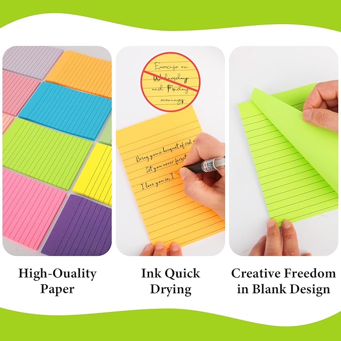 NESCCI 12 Pads Lined Sticky Notes 4x6 Sticky Notes with Lines Self-Stick Note Pads 12 Bright Multi Colors Big Rectangular Sticky Note for Office,Home,School, Meeting, 33 Sheet/Pad