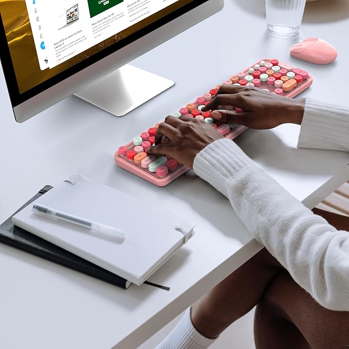 MOFII Wireless Keyboard and Mouse Combo, Pink Wireless Keyboard, 2.4GHz Retro Full Size with Number Pad & Cute Mouse for Computer PC Laptop Windows XP/7/8/10 (Pink-Colorful)