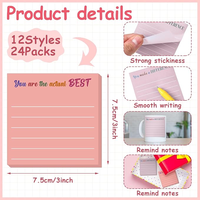 Yinder 48 Pcs Inspirational Sticky Notes Christmas Stocking Stuffers Motivational Sticky Notes Pad Employee Appreciation Gift Bulk for Teacher Nurse Coworker Office 3 x 3'' (Appreciation,Aesthetics)