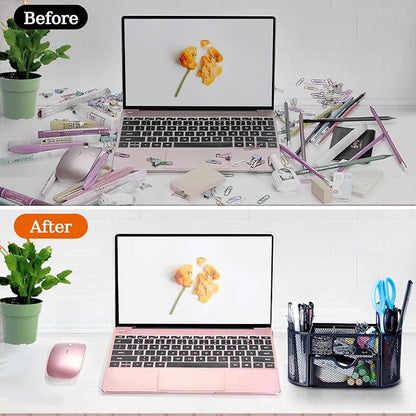 Black Mesh Pen Holder Desk Organizer Cute Office Supplies Pencil and Marker Organizers Oval Desk Caddy with 8 Compartments and 1 Drawer Workspace Accessories for Office School Home