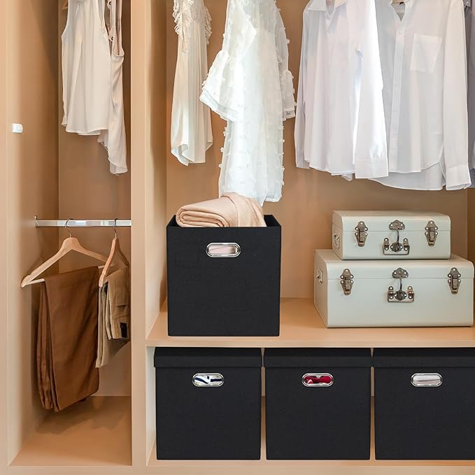 Storage Bins with Lids, Collapsible Linen Fabric Boxes Organizer Containers with Lid Foldable Storage Box Basket for Closet, Shelves, Home, Office, 12 x 12 x 12.4 Inch, 4 Pack, Black