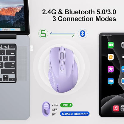TECKNET Wireless Mouse (BT5.0/3.0 & 2.4G) Rechargeable 4800 DPI Silent USB A & Bluetooth Mouse 6 Buttons, Wide Compatibility - Lavender