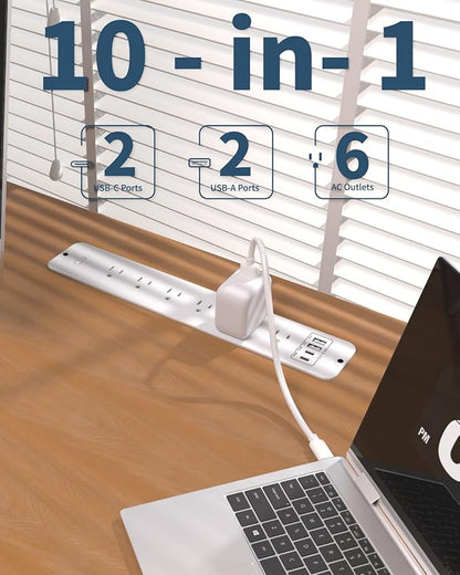 Recessed Power Strip Extension - 10 Outlet Surge Protector with 6 AC - 2 USB-A（18W） and 2 USB-C（PD20W） Ports - Flush Mount Desk Outlet with 6 Feet Cord - for Conference Table (White)