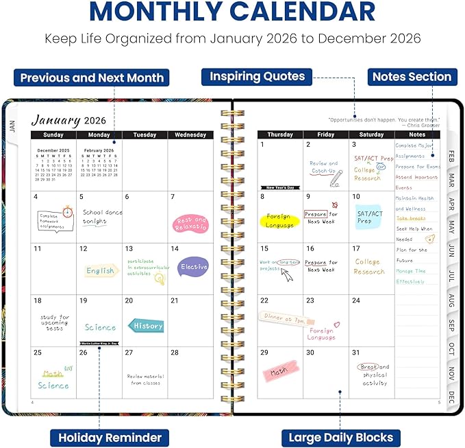 2026 Planner, Weekly and Monthly Planner for Women, Jan 2026 - Dec 2026 Pretty 2026 Calendar Planner with Monthly Tabs, Inner Pocket, Spiral Binding, Perfect for Office Home School - 6.3" x 8.5", Neon Tropics