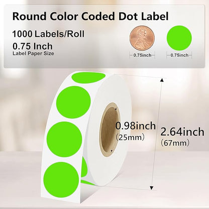 3/4 inch Round Thermal Labels 0.75 inch Colored Circle Dots Stickers Roll for Thermal Print, Self-Adhesive Light Green Color Coding Labels for Office, Student Classroom, 1000pcs