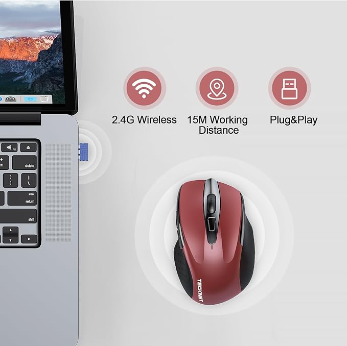 TECKNET Rechargeable Wireless Mouse, 2.4G Silent Mouse, Quiet Click, 6 Adjustable 4800 DPI, Cordless Computer Mouse, Ergonomic Mouse for Laptop, 6 Buttons USB Mouse for Chromebook, Ergo Grip - Red