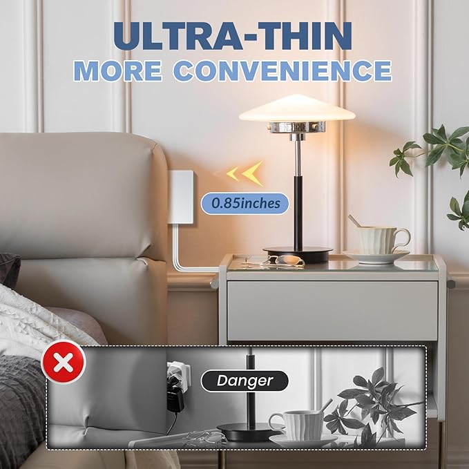 Outlet Concealer Power Strip-Outlet Cover Extender Outlets-8ft Flat Plug Extension Cord,Universal Size,1625W for Kitchen, Home and Office (8ft (Multi Ports,3 AC,2 USB&Type-C))