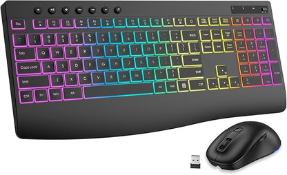 Wireless Keyboard and Mouse Combo, 9 Backlit Effects, Rechargeable 4000mAh Backlit Keyboard with Wrist Rest, 6 Button Mouse, 2.4G Full Size Quiet Keyboard Set for Computer, PC, Laptop, Mac, Windows