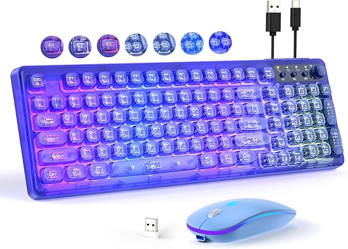 Blue Light Up Keyboard and Mouse Wireless,Cute 2.4Ghz Cordless Rechargeable Transparent Backlit Keyboard,15 Backlight Effects,Volume Knob,RGB Mouse with 3 DPI for Mac Computer PC Laptop Desktop iPad