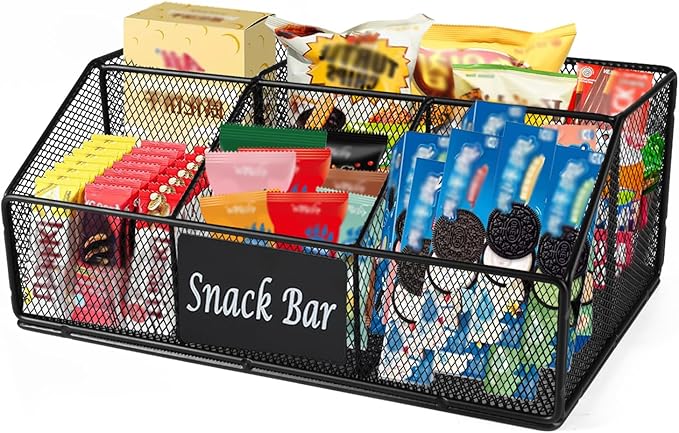 Snack Organizer for Countertop, 5 Compartments Metal Snack Basket Container, Chips Organizer, Snack Bar Station Decor, Kitchen Pantry Organization and Storage