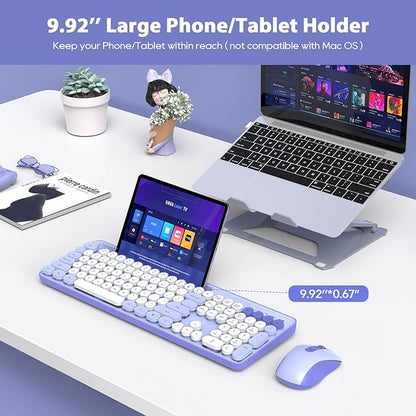 Wireless Keyboard and Mouse Combo, Retro Round Keycaps, Cute Full-Size Typewriter Keyboard with Phone Holder, Sleep Mode, Click Soft, 2.4GHz Cordless Connection for Windows/PC/Laptop