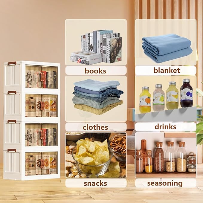 35 QT Collapsible Stackable Plastic Storage Bins with Lids & Wheel, Multifunctional Folding Storage Cabinet Containers with Door for Clothes, Home, Room, White, 4 Tiers