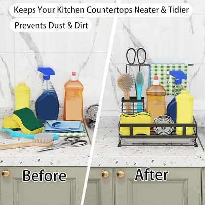 Godboat X-Large Capacity Kitchen Sink Organizer with Brush Rack, 304 Stainless Steel, Sponge Holder for Kitchen Sink, Sink Caddy with Drain-Pan, Cool Kitchen Gadgets & Gifts for Women, Christmas