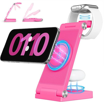 RYND 2025 Traveling Wireless Mag-Safe Fast Charging Station,Magnetic 3 in 1 Charger with Light for iPhone 16 15 14 13 12 Pro Max Plus,Apple Watch Series & Air pods 4 3 2 Pro-Gifts for Wife & Husband