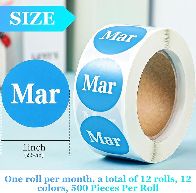 Zonon 12 Rolls 6000 Labels Round Month Stickers, 1 Inch 12 Months of The Year Labels Monthly Adhesive Sticker Color Coding Month Tag Decorative Sticker, 500 Pieces Per Roll(White)