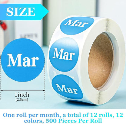 Zonon 12 Rolls 6000 Labels Round Month Stickers, 1 Inch 12 Months of The Year Labels Monthly Adhesive Sticker Color Coding Month Tag Decorative Sticker, 500 Pieces Per Roll(White)