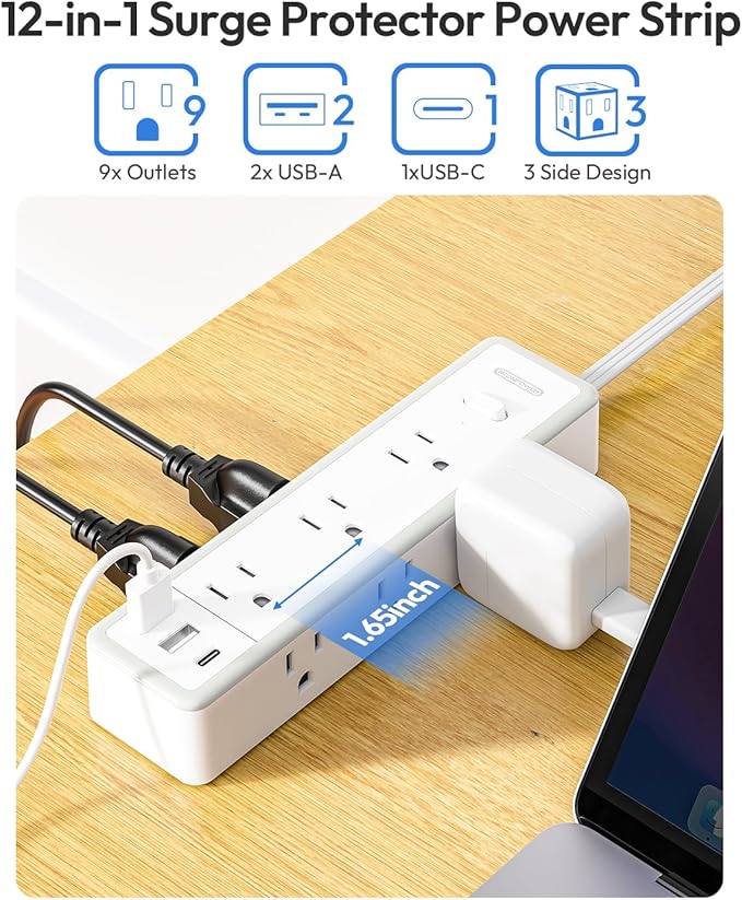 Surge Protector Power Strip 10 FT, Flat Extension Cord with 9 Widely Outlets 3 USB Ports(1 USB C), 1080J, Flat Plug, 3 Side Extension Cord with Multiple Outlets, Mounted, for Indoor Home Office, White