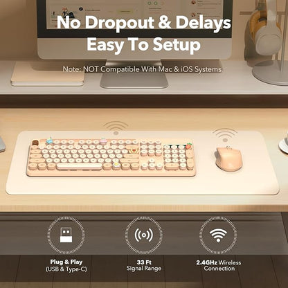 Wireless Keyboard and Mouse Combo, Retro Round Keycaps, Cute Full-Size Typewriter Keyboard with Phone Holder, Sleep Mode, 2.4GHz Cordless Connection for Windows/PC/Laptop (Milk-Tea Colorful)