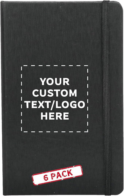 DISCOUNT PROMOS Custom Hardcover Notebook Journals with Elastic Colored Band Set of 6, Personalized Bulk Pack - Perfect for School, Office, Home - Black