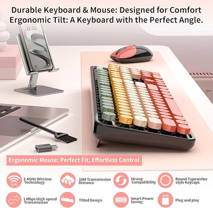Wireless Keyboard and Mouse, MOFII 104 Round Keycaps Retro Typewriter with OTG & Brush, Full-Size Ergonomic, Ideal for Windows PC, Home, Office and College Rainbow Red