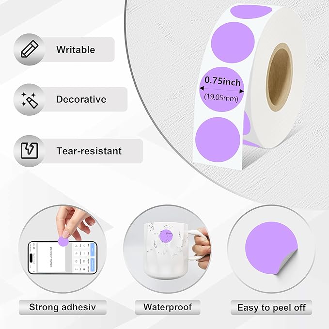 0.75 Inch Dot Stickers, 1000PCS 3/4" Round Thermal Printable Labels for Instant Organization, Color Coding Files, Tab Pages, Calendar Marking & Junk Journals,Light Purple