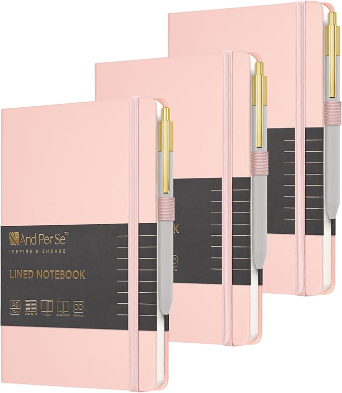 &And Per Se Lined Journal and Pen Set (3 packs), A5 Leather Journal Stationery Set, 160 Pages 100GSM Thick Paper, Notebook Gift Set (Pink)