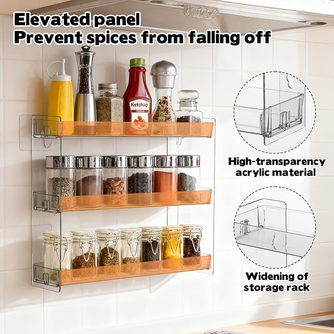 Spice Rack Wall Mount Clear Plastic Seasoning Organizer Condiment Bottles Storage Shelf Spice Rack Organizer for Kitchen Cabinet Doors Pantry RV Organization