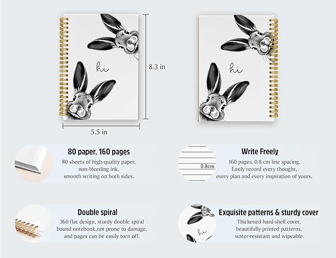 Rabbit Notebook Journal,Cute Bunny Gifts Notebook Journal for School Women Teen Girls Kids,Gifts for Rabbit Lovers,Animal Hardcover Spiral Notebooks for Work Notes Journaling,5.5x8.3 Inch