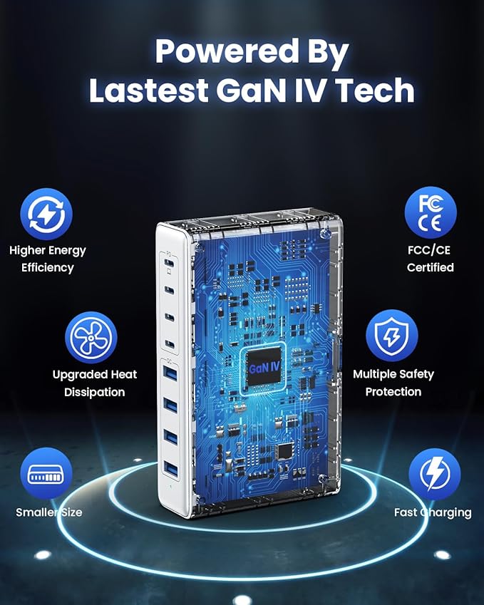 200W USB C Charger Block,GaN IV Charging Station 8 Ports,QC4.0 Fast Charging Station Hub+PD 65W USB C Laptop Charger Adapter Compatible with MacBook Air/Pro,DELL,iPhone 17/16/15,iPad,Steam Deck-White
