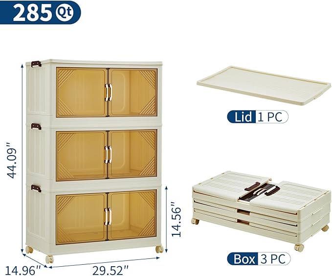 Garvee 285QT Stackable Storage Bins, Plastic Bins for Storage with Lids, Plastic Storages Drawers with Magnetic Doors & Wheels, Foldable Collapsible Closet Organizers for Home, Dorm, Office, White