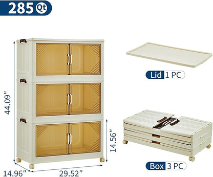 Garvee 285QT Stackable Storage Bins, Plastic Bins for Storage with Lids, Plastic Storages Drawers with Magnetic Doors & Wheels, Foldable Collapsible Closet Organizers for Home, Dorm, Office, White