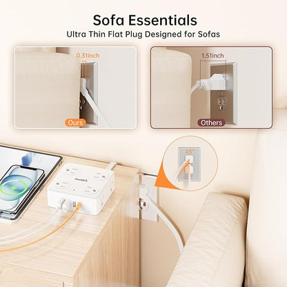 10Ft Power Strip with Surge Protector, 8 Outlets 4 USB Ports Extension Cord, Flat Plug Charging Station for Home Office Desk & College Dorm Essentials, White