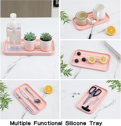 Silicone Kitchen Sink Organizer Tray for Multiple Usage,Easy Clean,Eco-Friendly Sponges Holder for Kitchen Bathroom Counter or Sink,Dish Soap Dispenser,Scrubber,Bottle,Cup Pink 10”x 5.3”