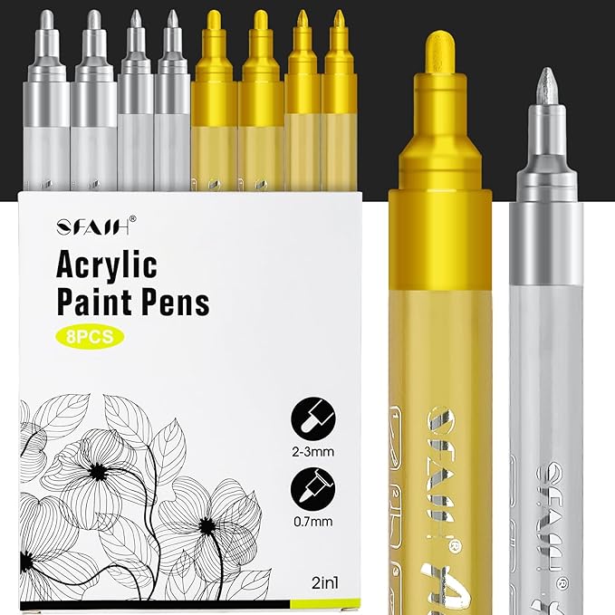 SFAIH Gold & Silver Acrylic Paint Markers - 8 Pack 2-3MM Medium Tip & 0.7MM Extra Fine Paint Pens for Rock Painting, Wood, Metal, Fabric, Plastic, Canvas, Glass, Ceramic, Diy Crafts