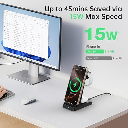 2025 3 in 1 Charging Station Fast Charging for iPhone,Wireless Charger for iPhone 17 16e 16 15 14 13 12 11 X Pro Max & Apple Watch - Wireless Charging Station for AirPods 4 3 2 Pro