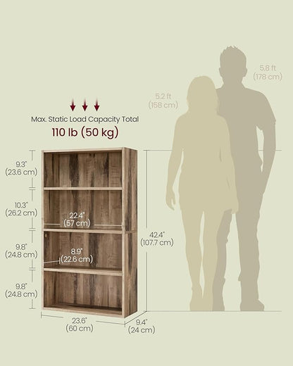 VASAGLE Custos Collection - Bookshelf, 4-Tier Bookcase, Book Shelf, Open Storage Shelf, 9.4 x 23.6 x 42.4 Inches, for Living Room, Home Office, Dinning Room, Camel Brown ULBC164L01