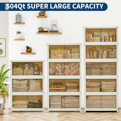 Garvee 504QT Stackable Storage Bins, Plastic Bins for Storage with Lids, Plastic Storages Drawers with Magnetic Doors & Wheels, Foldable Collapsible Closet Organizers for Home, Dorm, Office, White