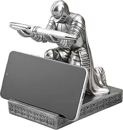 Windbreaker Soldier Knight Pen Holder Personalized Desk Accessory, Mobile Phone & Gaming Controller Holder, Device Stand Gift for Medieval Enthusiasts (Silver)