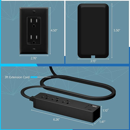 LIDER Outlet Extender with 3 Receptacles, 12W USB Type-A, and USB Type-C, Ultra-Thin Wall Plate Plug with Cord Extender, 3-Outlet Power Strip, Flat-Face, Slim Design, ETL-Listed, 3ft Cord, Black