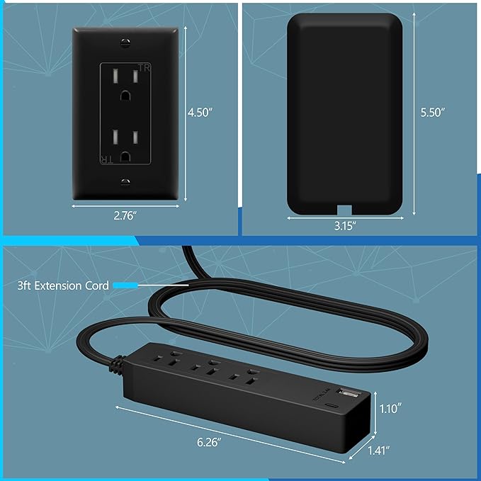 LIDER Outlet Extender with 3 Receptacles, 12W USB Type-A, and USB Type-C, USB Port, Ultra-Thin Wall Plate Plug with Cord Extender, 3-Outlet Power Strip, Flat-Face, 3ft Cord, ETL-Listed, Black, 2 Pack
